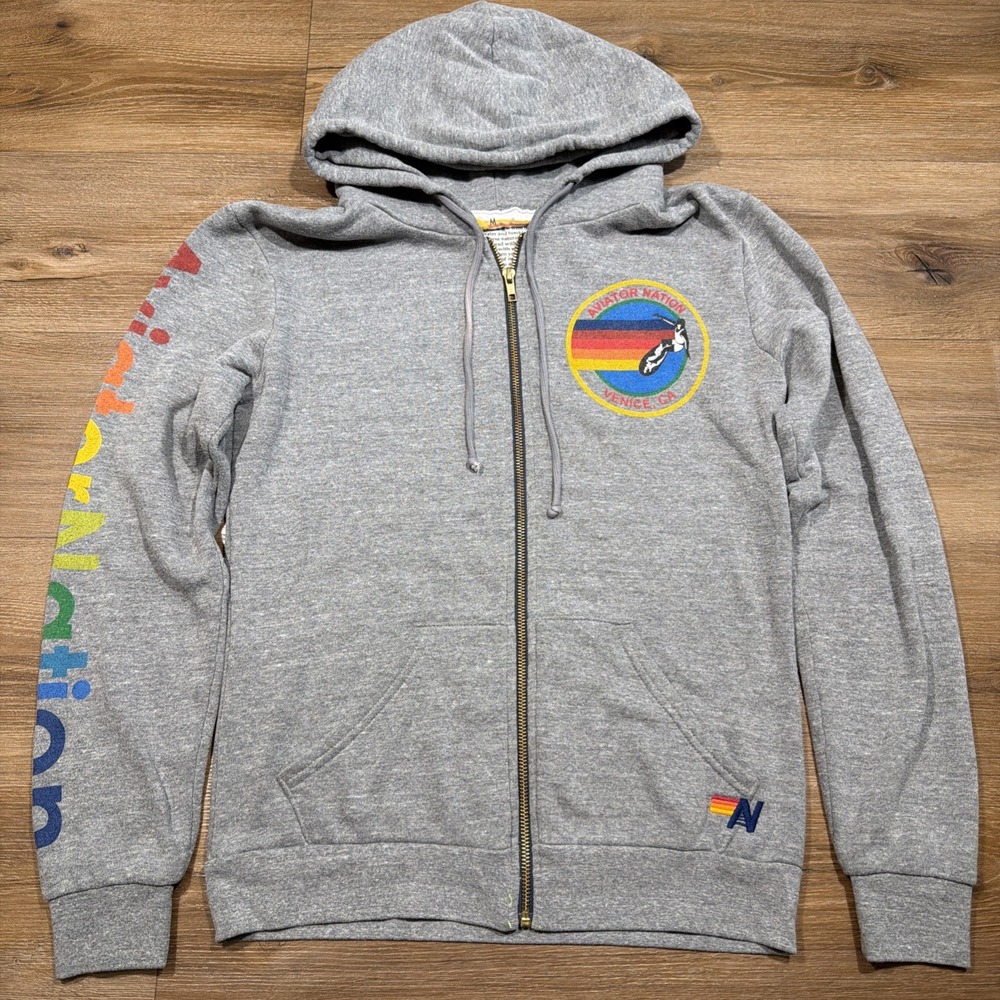 Aviator Nation Venice, Ca Heather Grey Full Zip MEDIUM Hoodie Rainbow Spellout